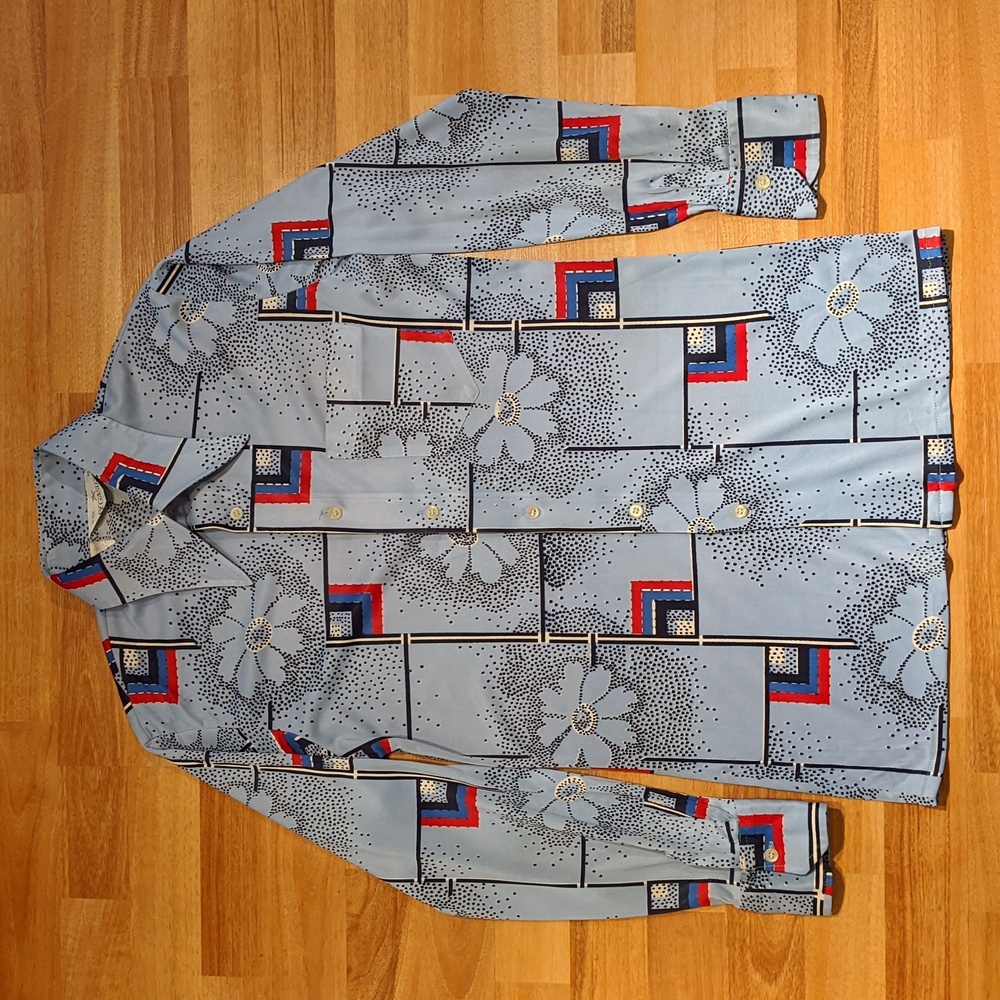 Vintage 70' blue floral and geometric patterned disco shirt by Pegasus